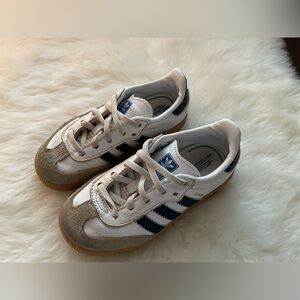 Adidas Kids White, Blue, and Tan Sambas Sneakers